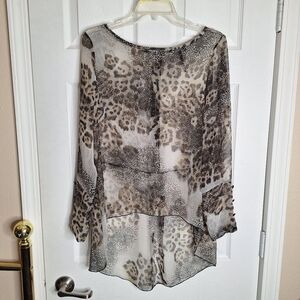 Kay Celine Animal Print Sheer Top Brown High Low Blouse Flowy Size Large